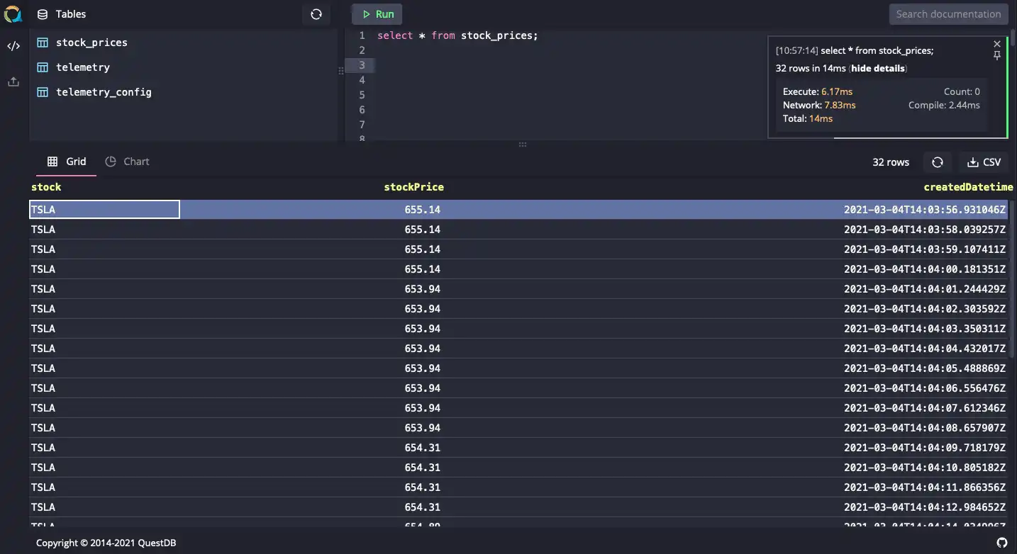 A screenshot of the QuestDB web console displaying rows of a database table