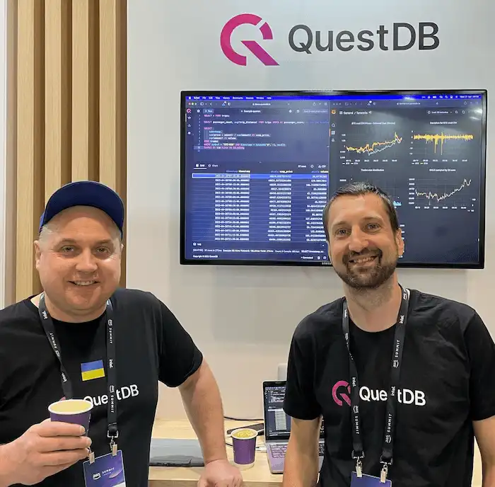 Vlad Ilyushchenko and Alex Pelagenko, two world-class performance engineers enjoying coffee at AWS Summit London 2022.