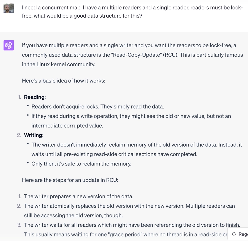 The author asking ChatGPT about concurrent data-structures. GPT recommends looking at RCU as used in Linux kernel.