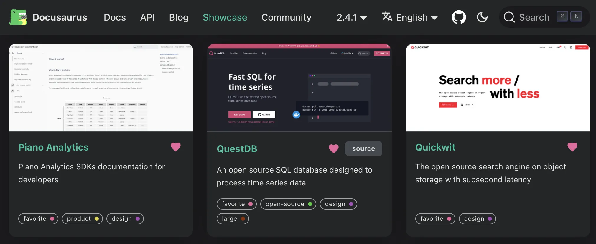 QuestDB.io shown in the Docusaurus showcase.